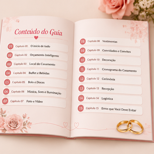 Páginas do guia com o sumário dos 15 capítulos